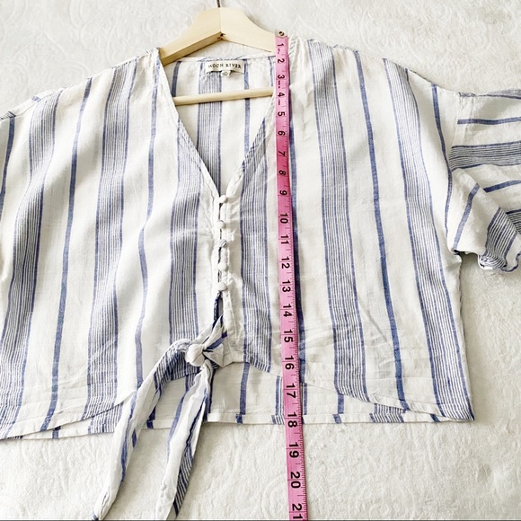 Moon River White Cotton + Blue Stripe Button Down Tied Waist Top - Picture 7 of 11